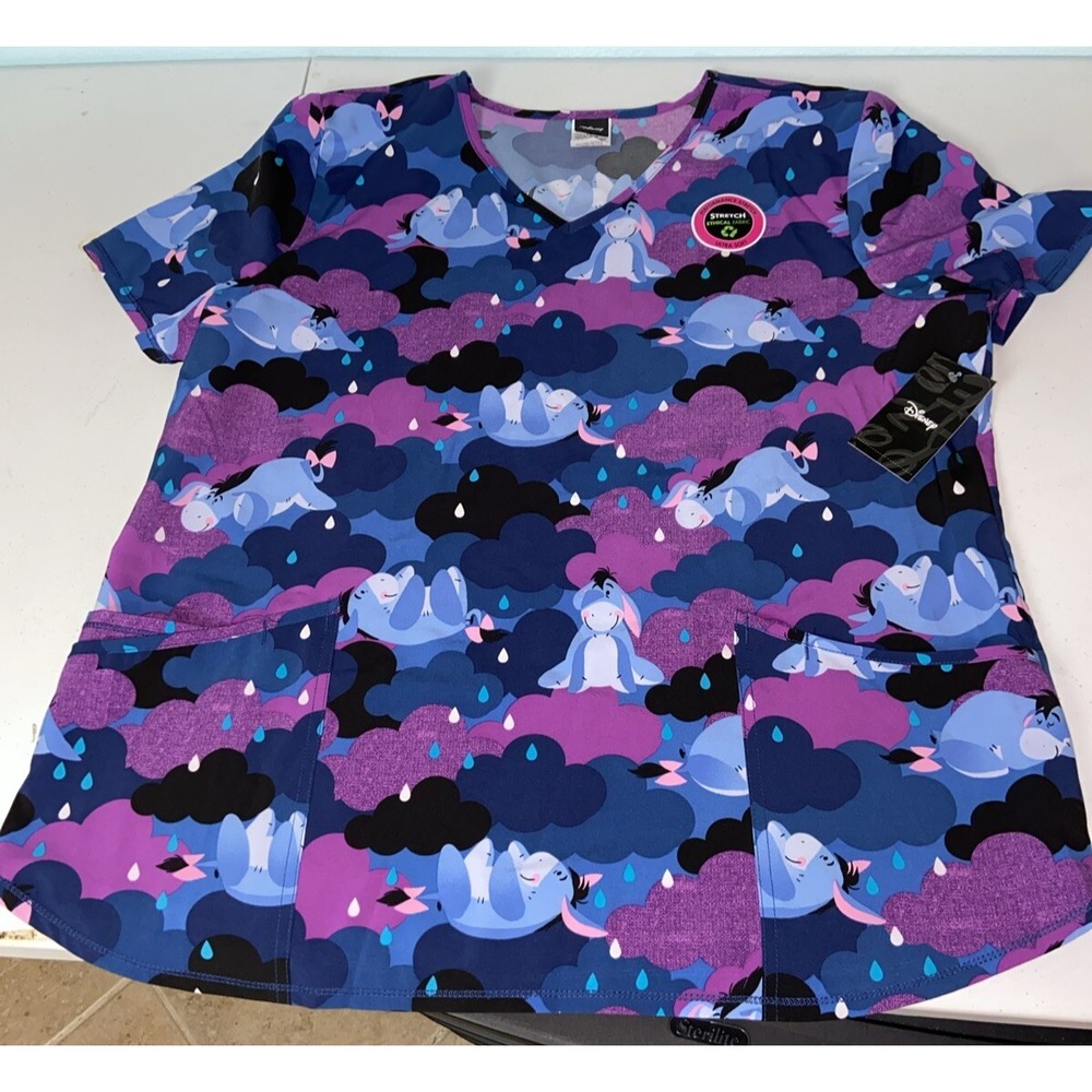 Disney Eeyore Scrub Top XL V-Neck Blue Purple Cloud Print WM14T745LA New